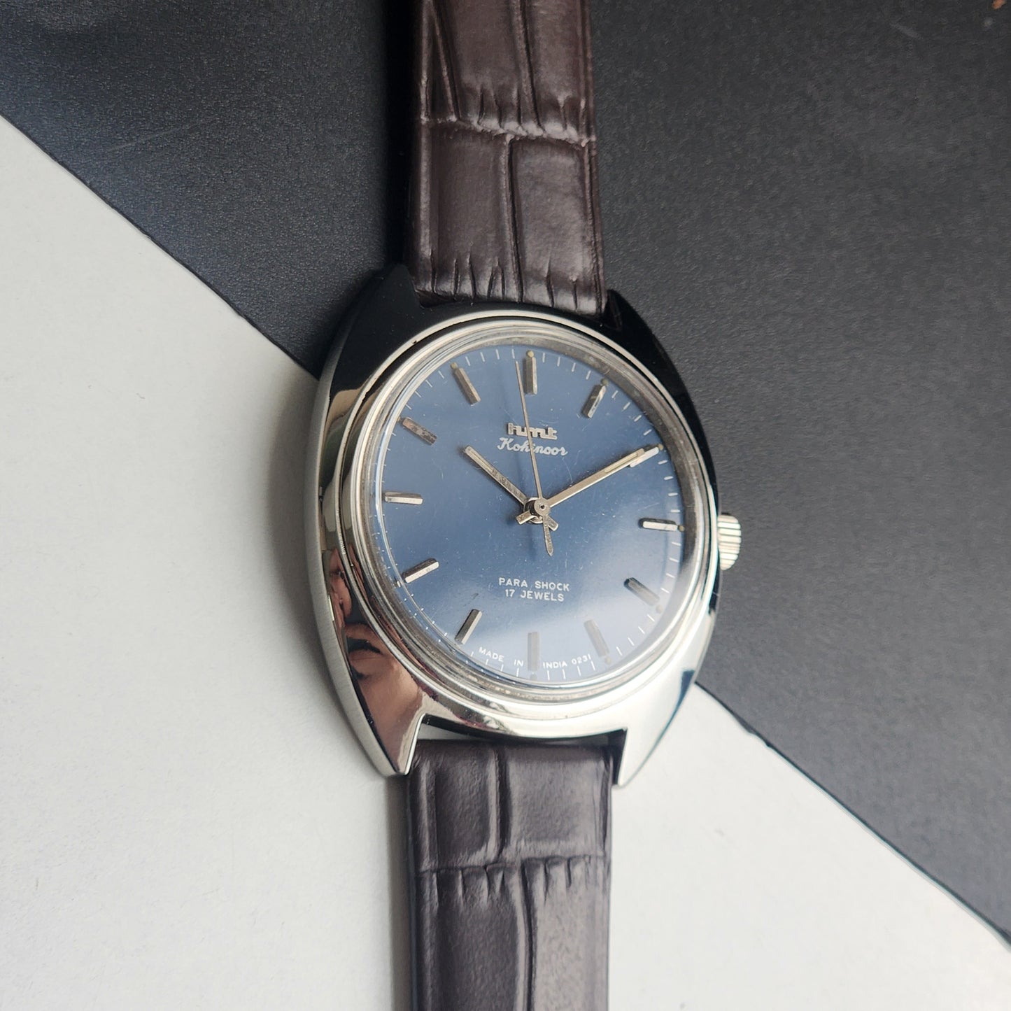 Vintage Original HMT Kohinoor Hand Winding 17 Jewels Blue Face Brown Leather Strap Men's Wrist Watch I17