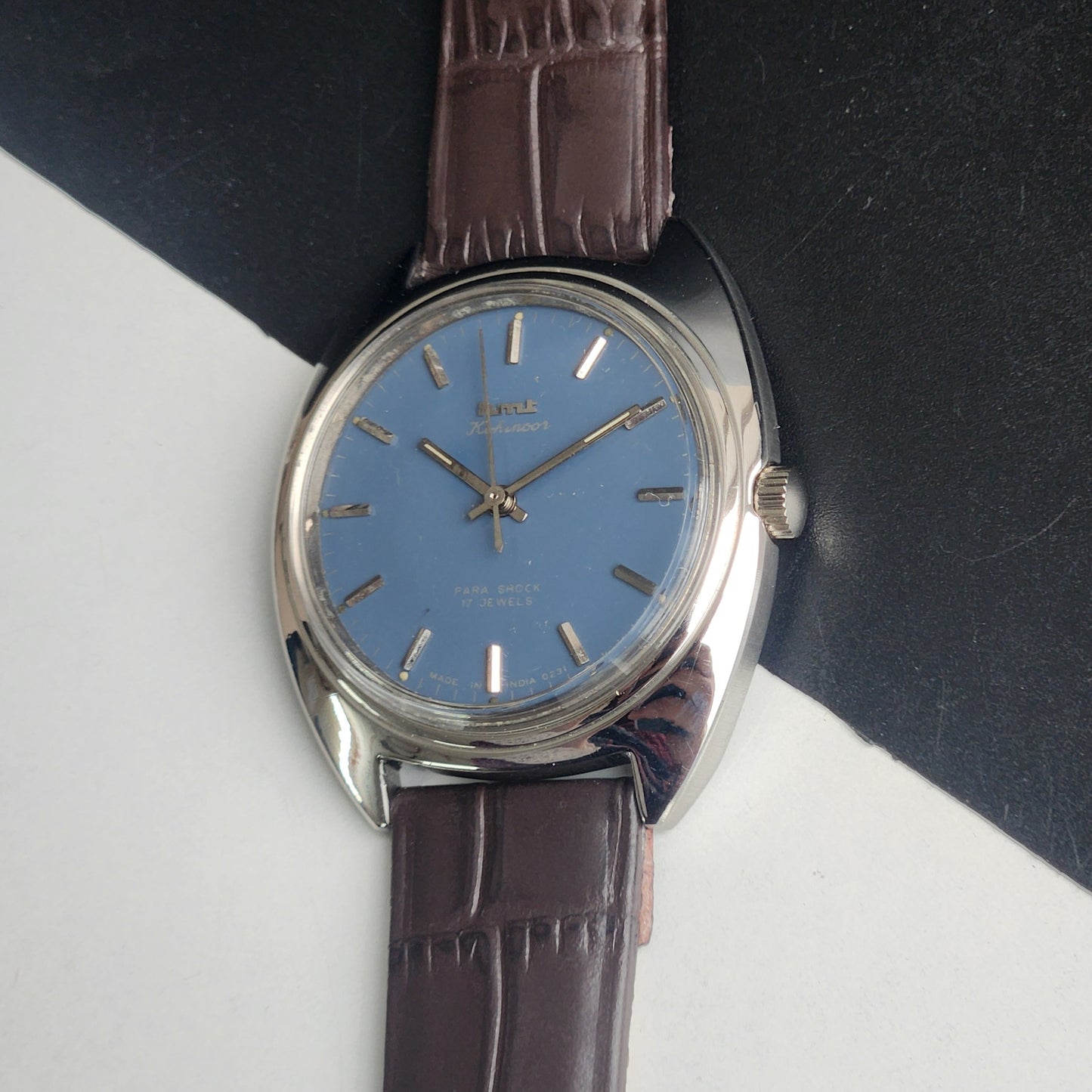 Vintage Original HMT Kohinoor Hand Winding 17 Jewels Blue Face Brown Leather Strap Men's Wrist Watch I17