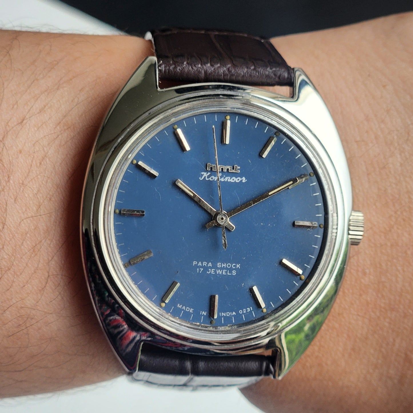 Vintage Original HMT Kohinoor Hand Winding 17 Jewels Blue Face Brown Leather Strap Men's Wrist Watch I17