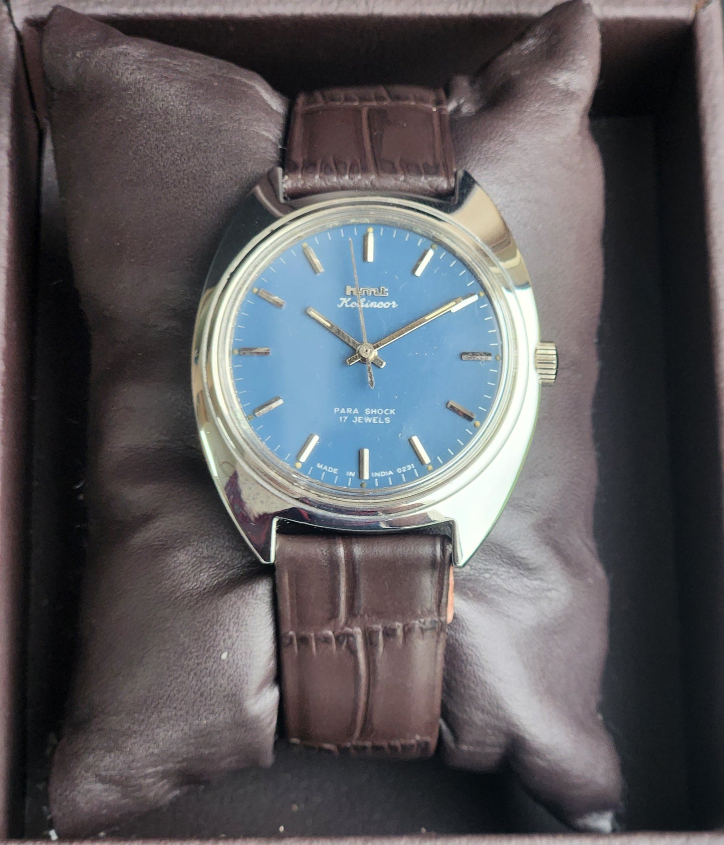Vintage Original HMT Kohinoor Hand Winding 17 Jewels Blue Face Brown Leather Strap Men's Wrist Watch I17