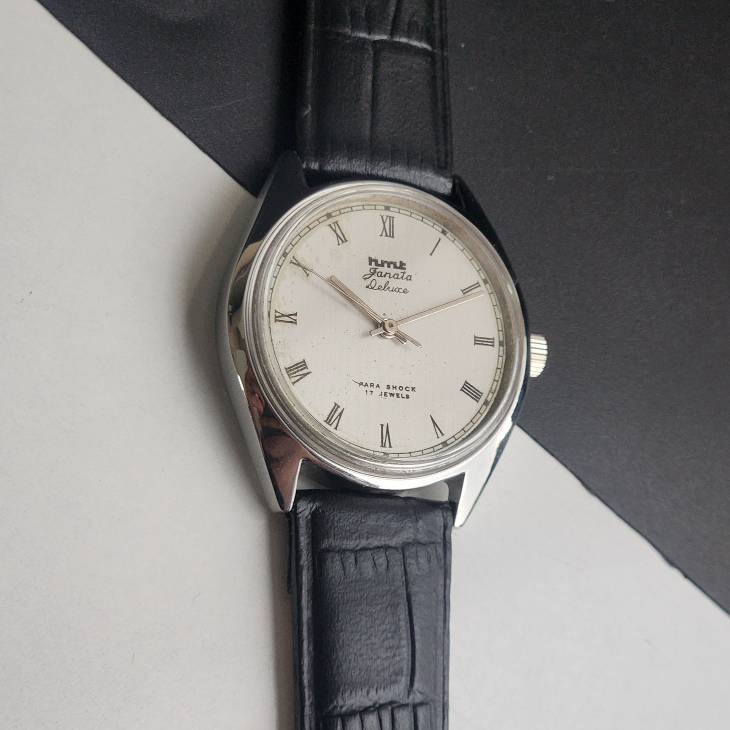 Vintage Original HMT Janata Hand Winding 17 Jewels White Face Black Leather Strap Men's Wrist Watch I18
