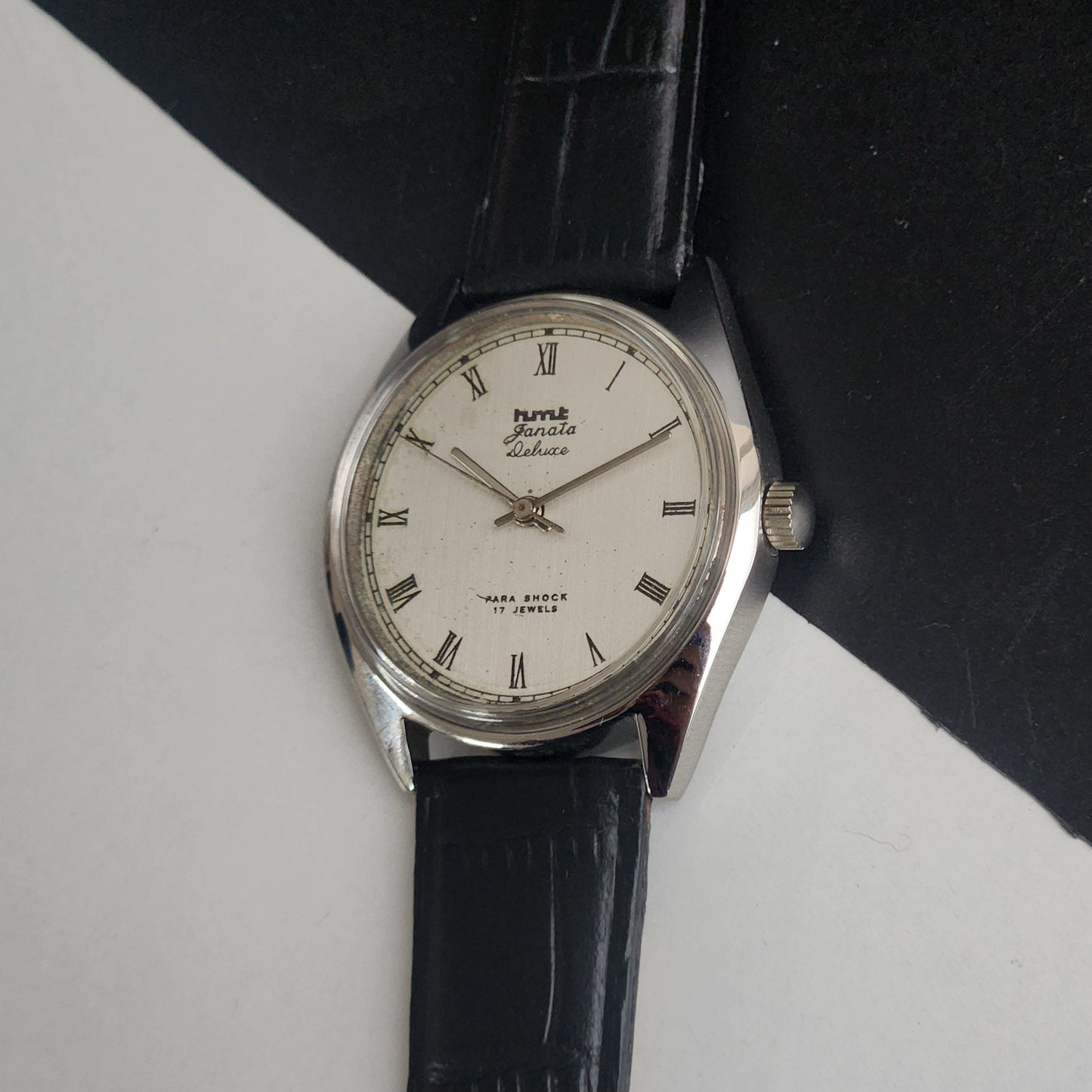 Vintage Original HMT Janata Hand Winding 17 Jewels White Face Black Leather Strap Men's Wrist Watch I18