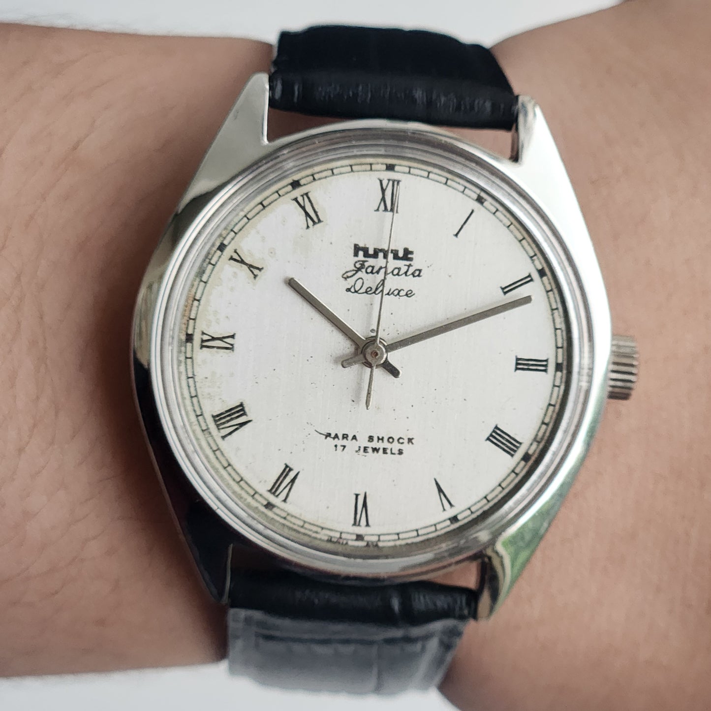 Vintage Original HMT Janata Hand Winding 17 Jewels White Face Black Leather Strap Men's Wrist Watch I18