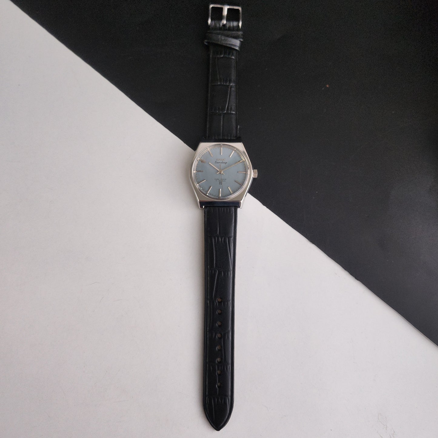 Vintage Original HMT Sandeep Hand Winding 17 Jewels Grey Face Black Leather Strap Men's Wrist Watch I19