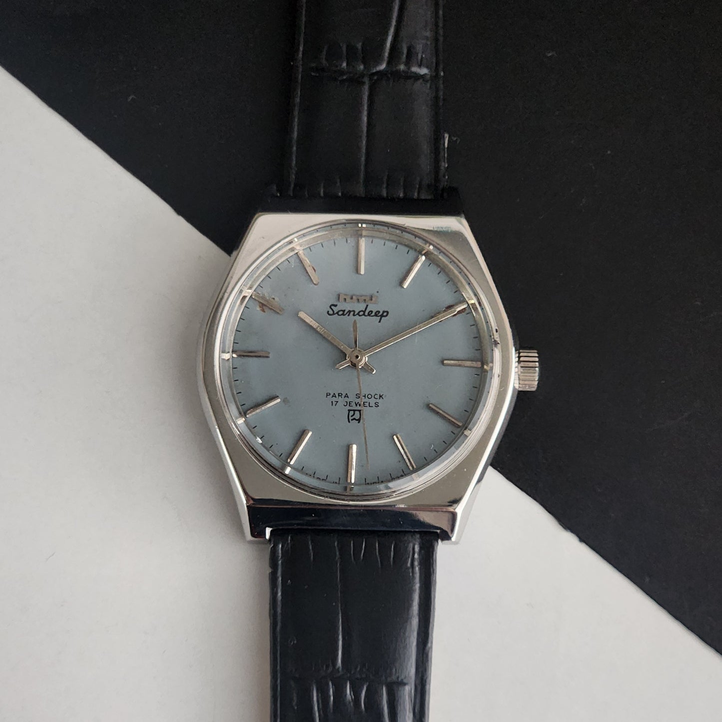 Vintage Original HMT Sandeep Hand Winding 17 Jewels Grey Face Black Leather Strap Men's Wrist Watch I19