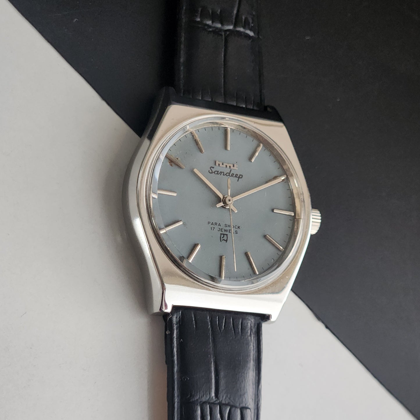 Vintage Original HMT Sandeep Hand Winding 17 Jewels Grey Face Black Leather Strap Men's Wrist Watch I19