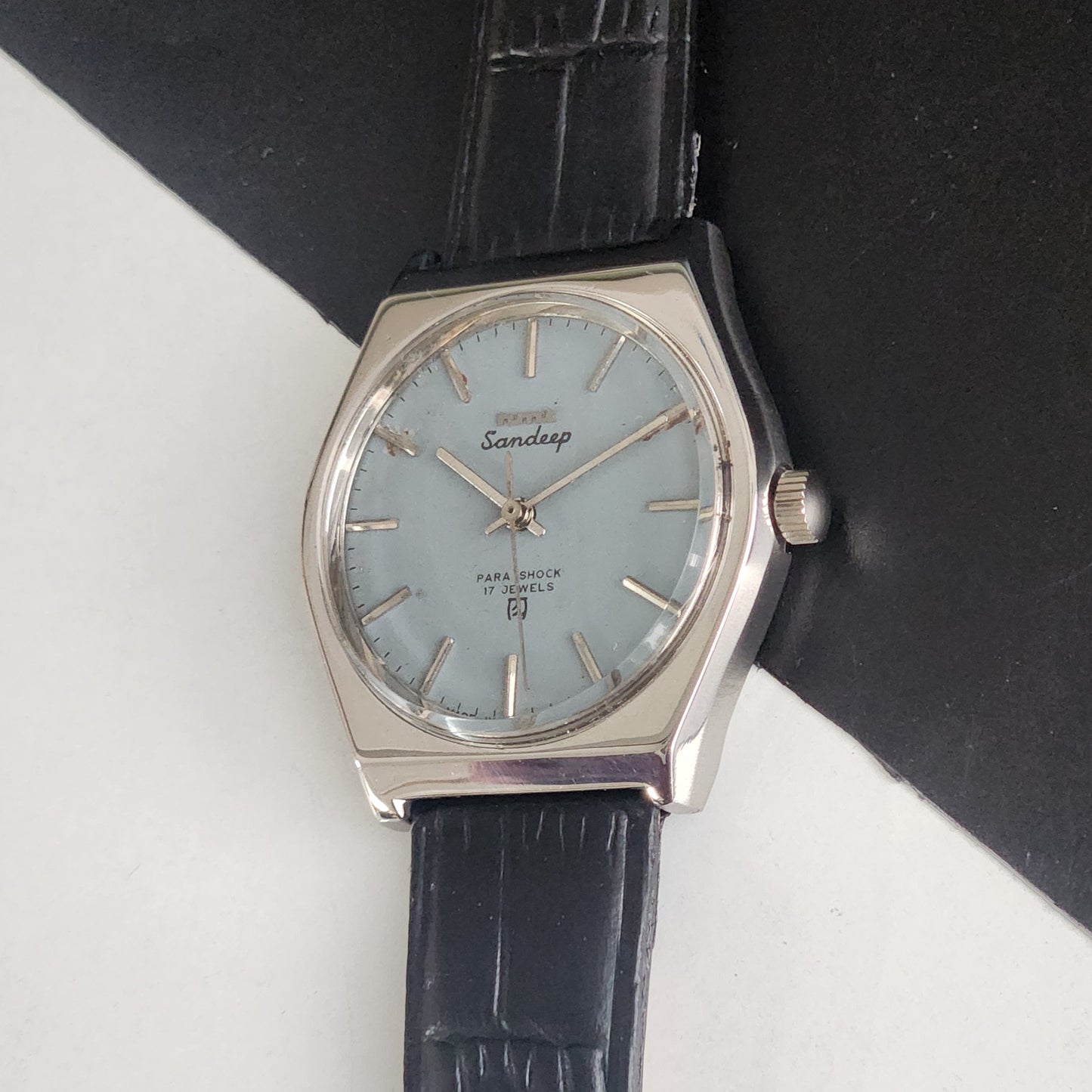Vintage Original HMT Sandeep Hand Winding 17 Jewels Grey Face Black Leather Strap Men's Wrist Watch I19