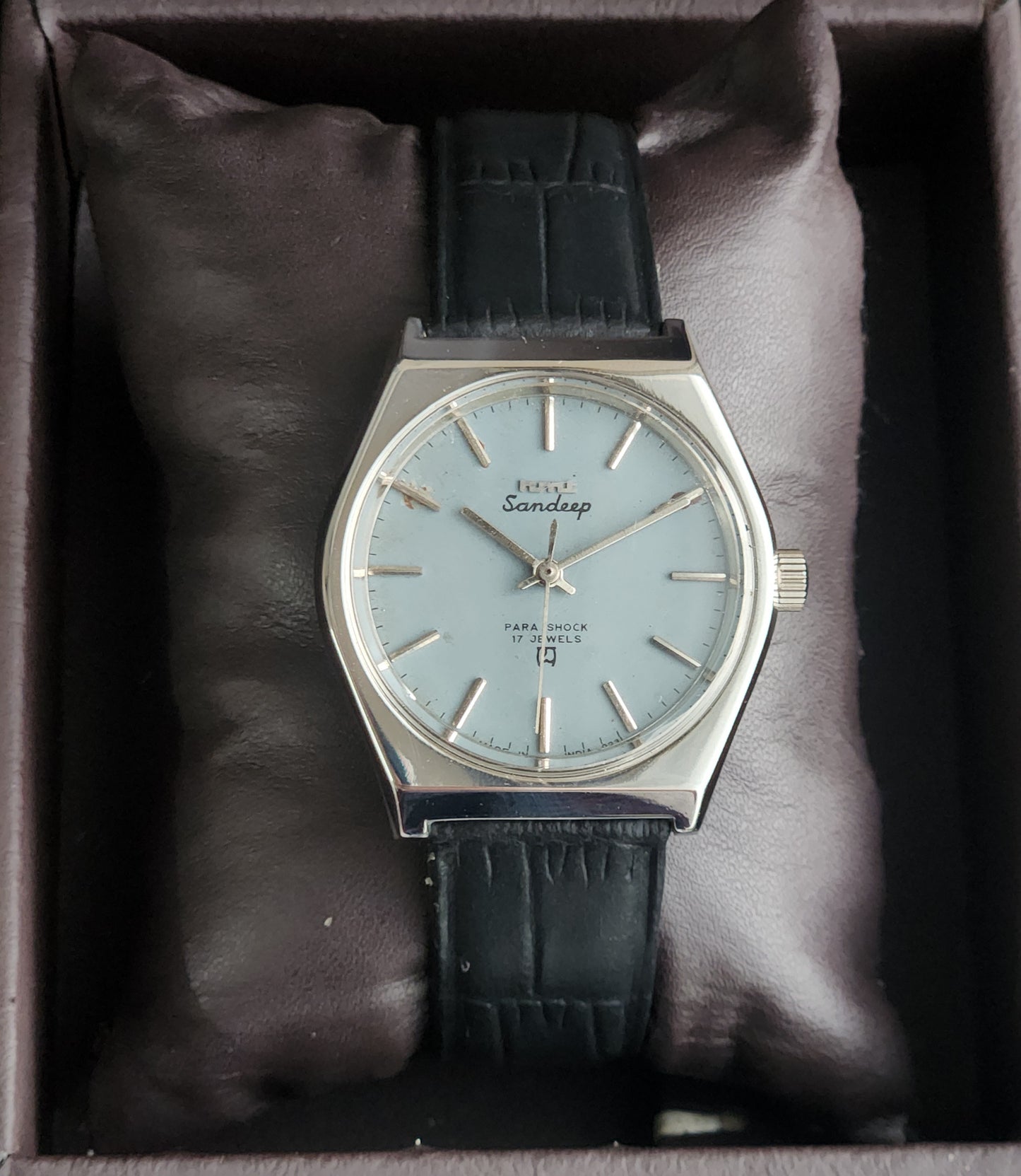 Vintage Original HMT Sandeep Hand Winding 17 Jewels Grey Face Black Leather Strap Men's Wrist Watch I19