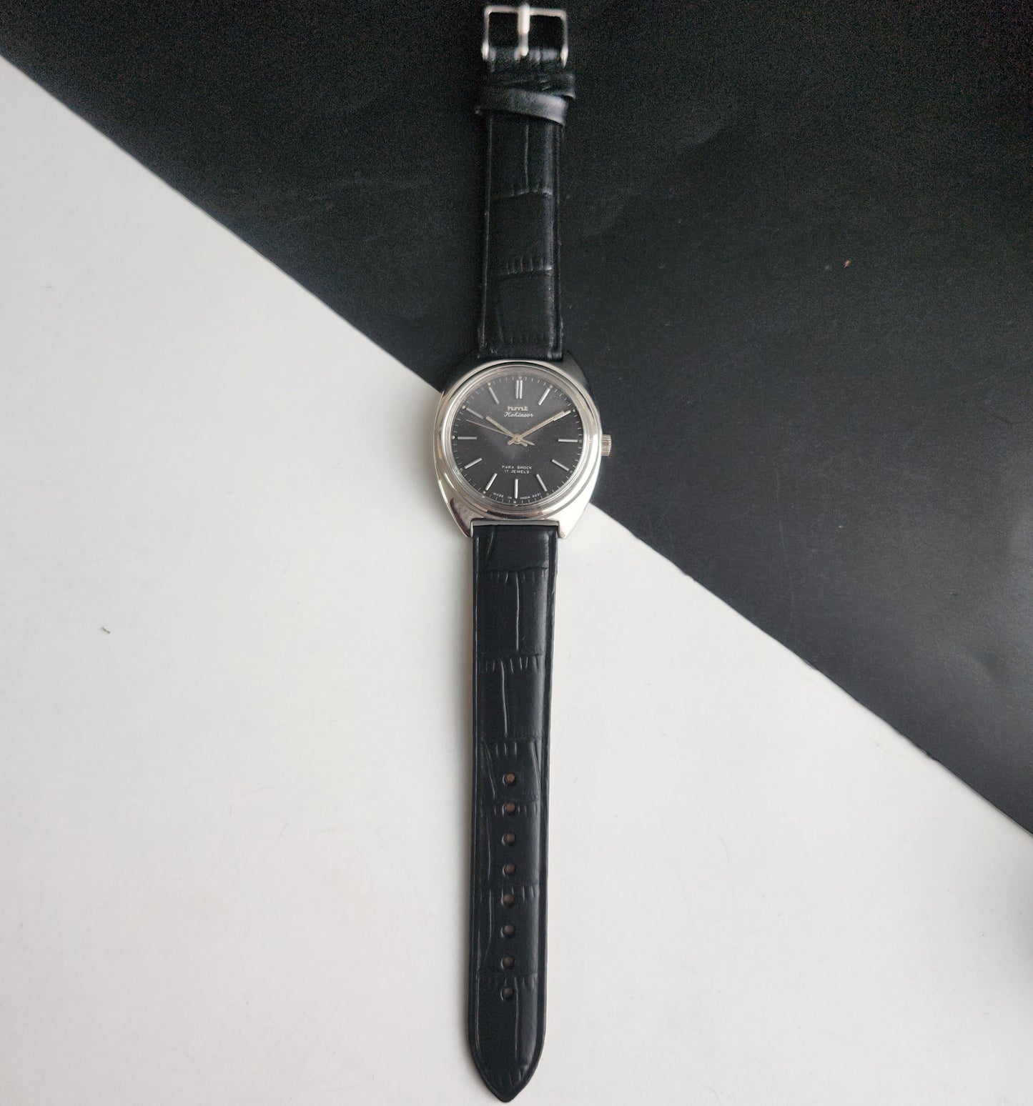 Vintage Original HMT Kohinoor Hand Winding 17 Jewels Balck Face Black Leather Strap Men's Wrist Watch I20