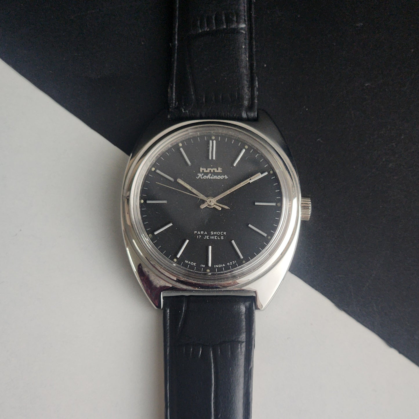 Vintage Original HMT Kohinoor Hand Winding 17 Jewels Balck Face Black Leather Strap Men's Wrist Watch I20