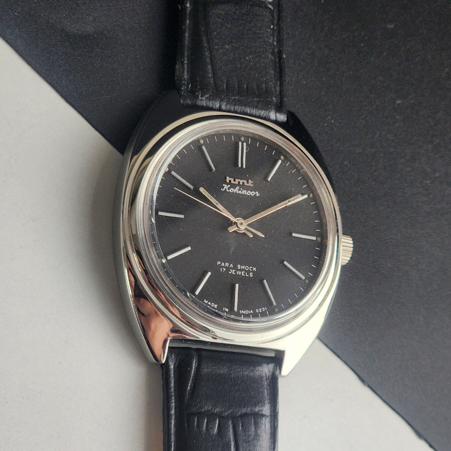 Vintage Original HMT Kohinoor Hand Winding 17 Jewels Balck Face Black Leather Strap Men's Wrist Watch I20
