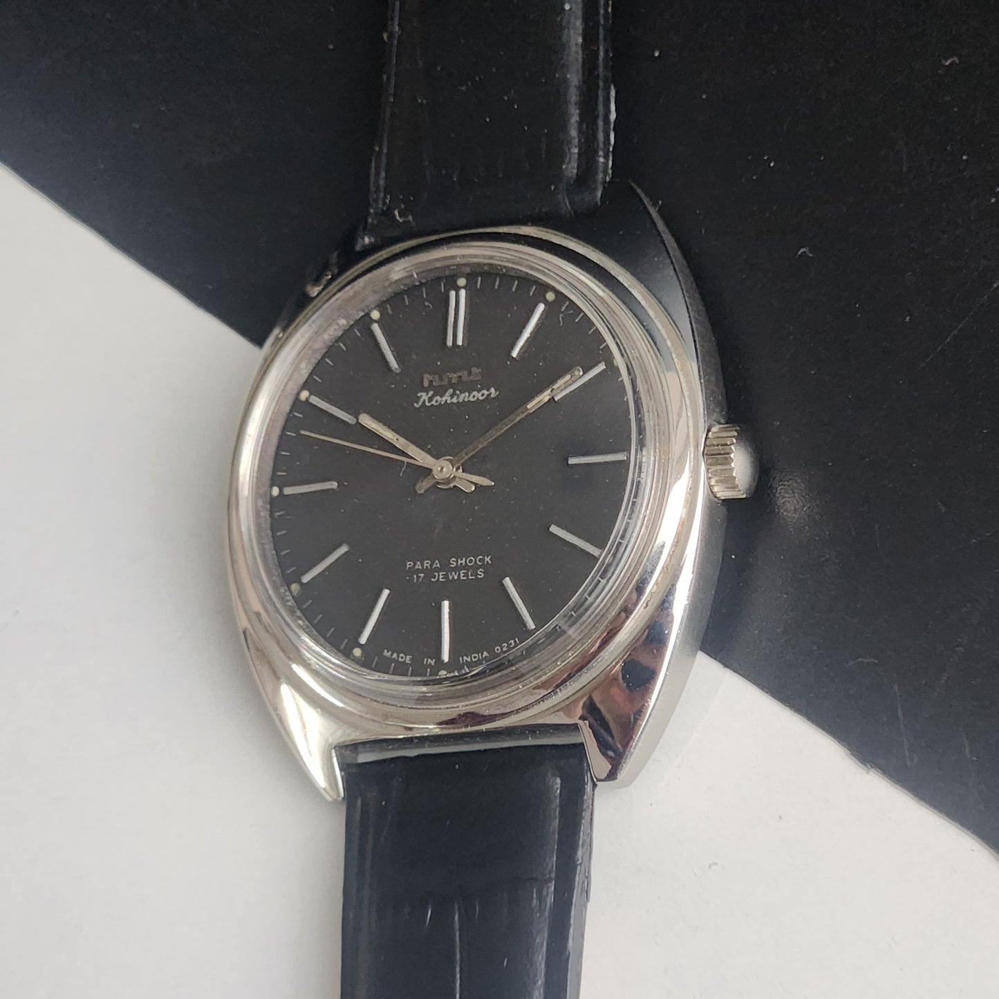 Vintage Original HMT Kohinoor Hand Winding 17 Jewels Balck Face Black Leather Strap Men's Wrist Watch I20