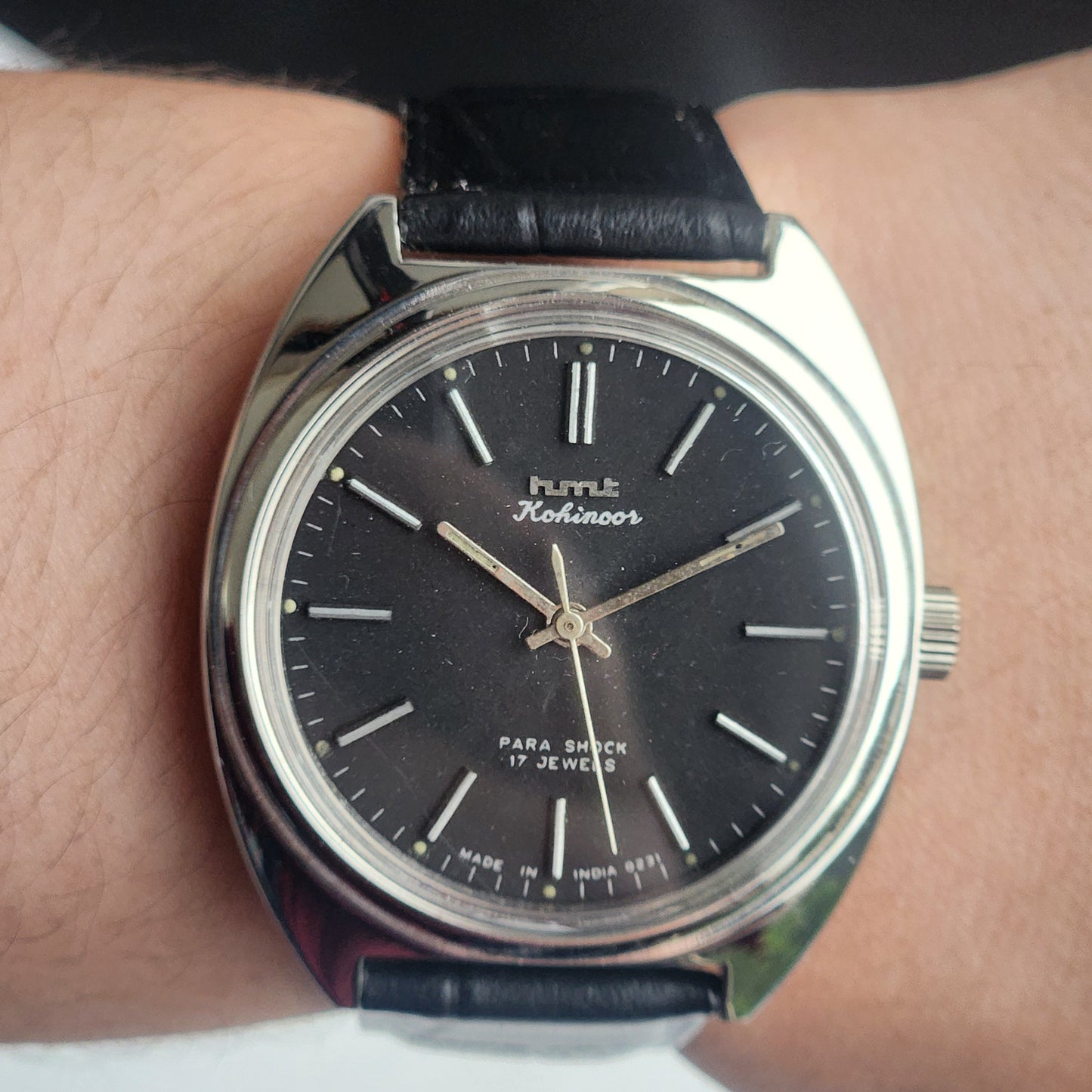 Vintage Original HMT Kohinoor Hand Winding 17 Jewels Balck Face Black Leather Strap Men's Wrist Watch I20