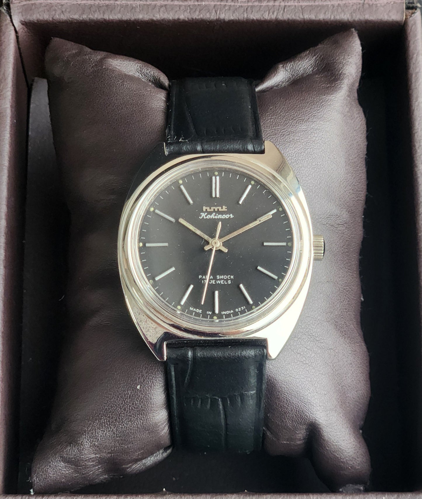 Vintage Original HMT Kohinoor Hand Winding 17 Jewels Balck Face Black Leather Strap Men's Wrist Watch I20