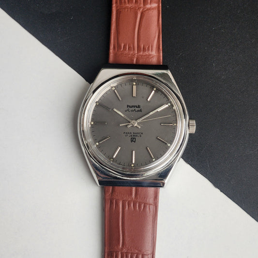 Vintage Original HMT Ashok Hand Winding 17 Jewels Grey Face Tan Leather Strap Men's Wrist Watch I21