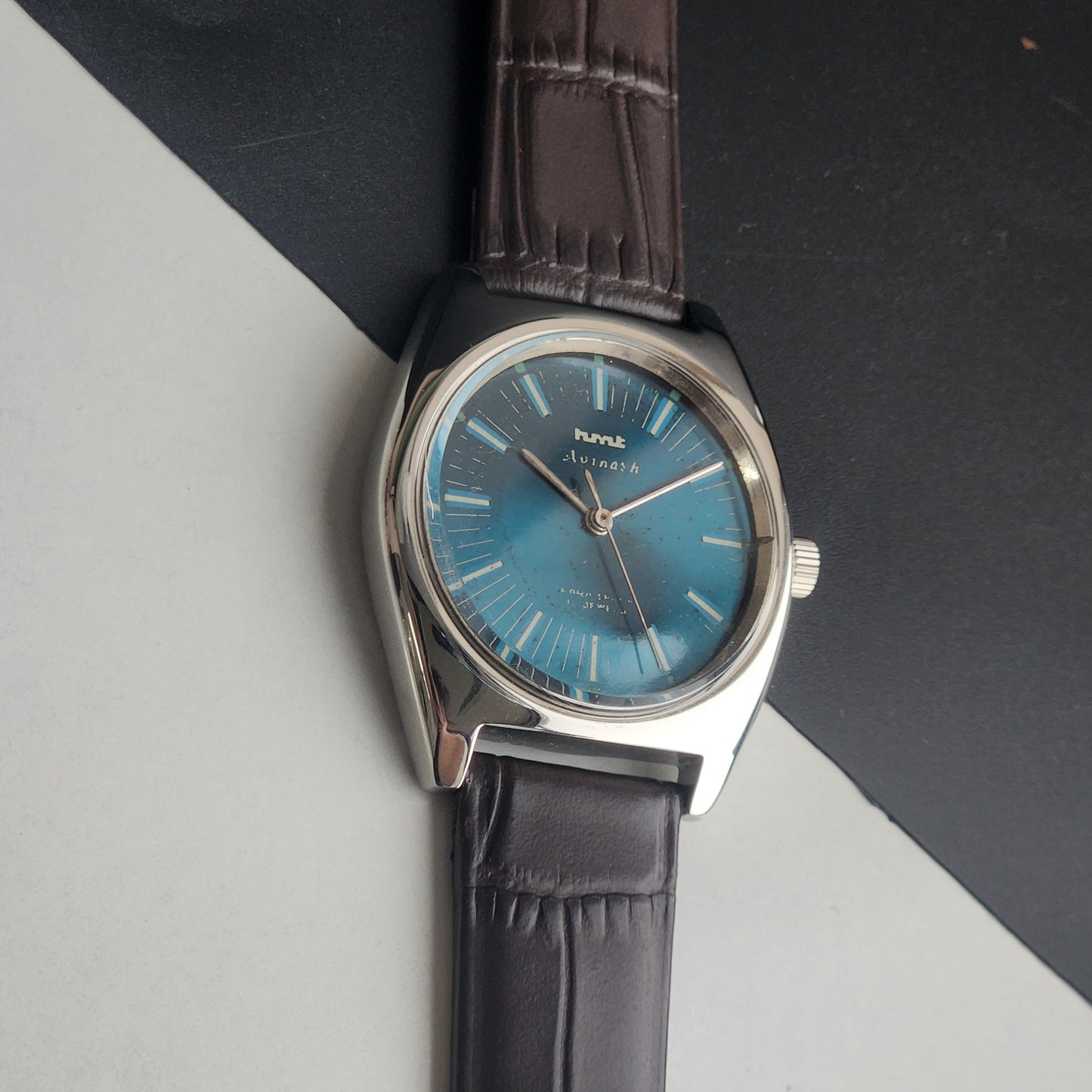 Vintage Original HMT Avinash Hand Winding 17 Jewels Blue Face Brown Leather Strap Men's Wrist Watch I22