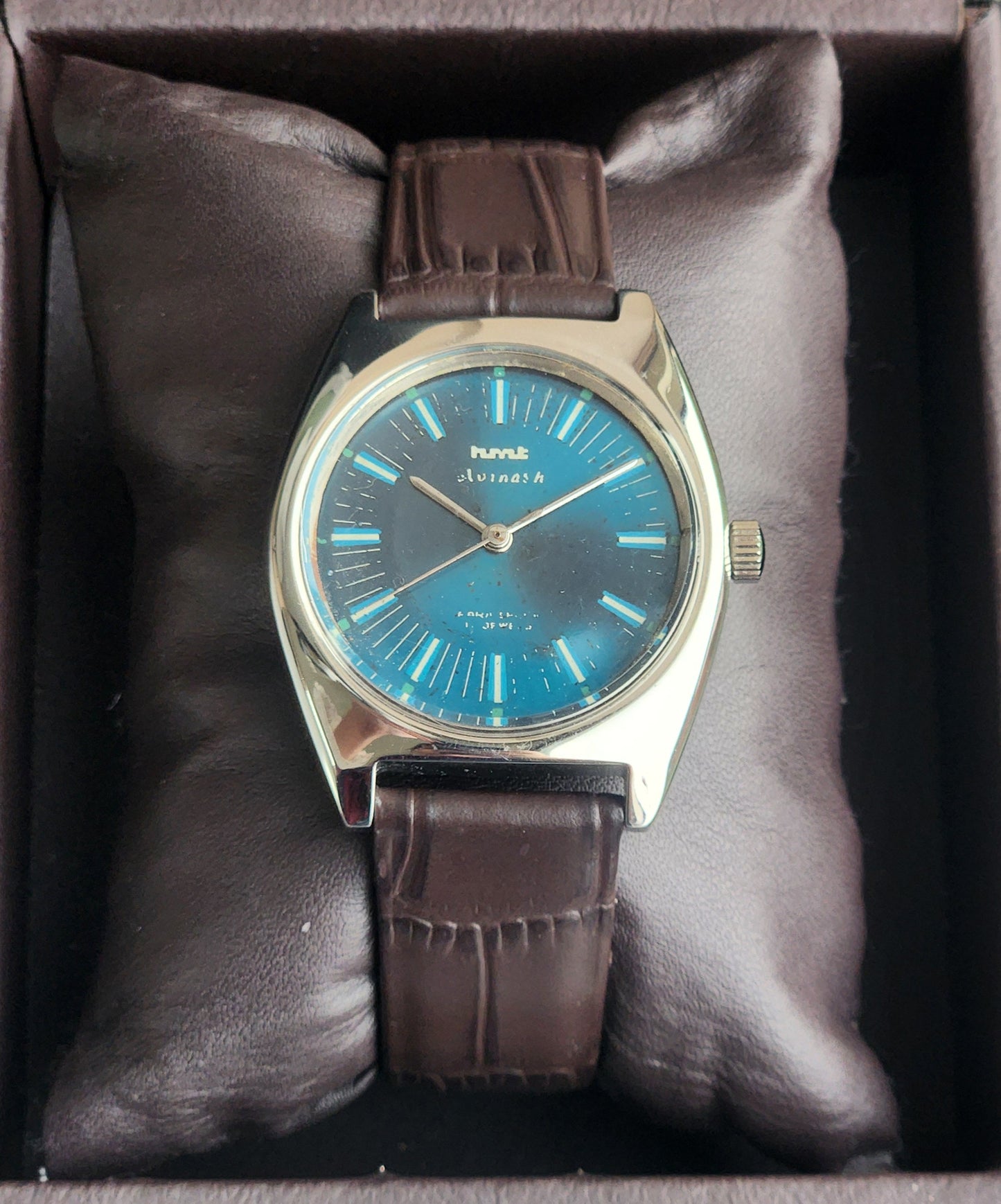Vintage Original HMT Avinash Hand Winding 17 Jewels Blue Face Brown Leather Strap Men's Wrist Watch I22