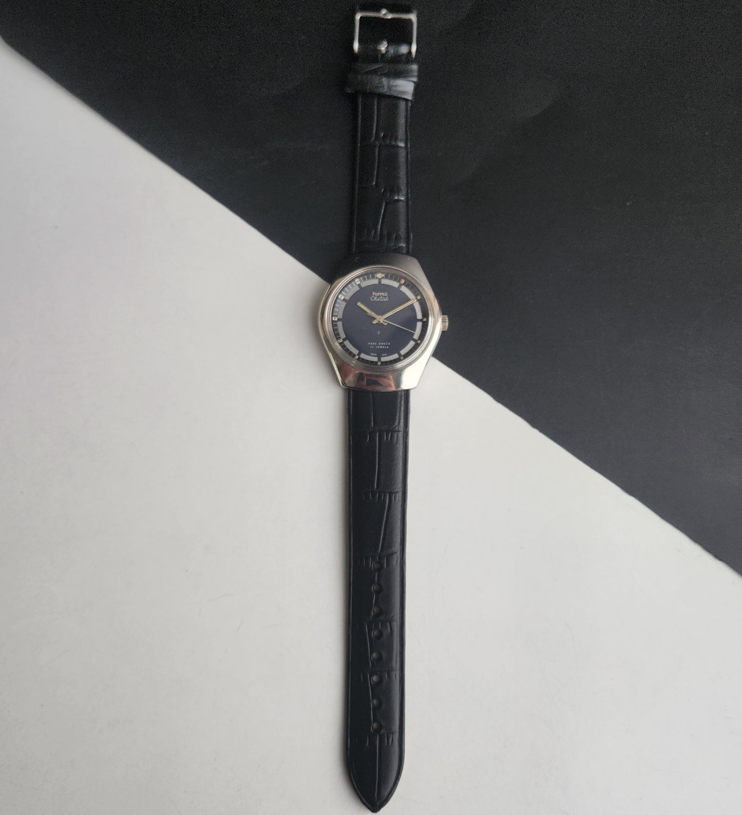 Vintage Original HMT Chetak Hand Winding 17 Jewels Navy Blue Face Black Leather Strap Men's Wrist Watch I23