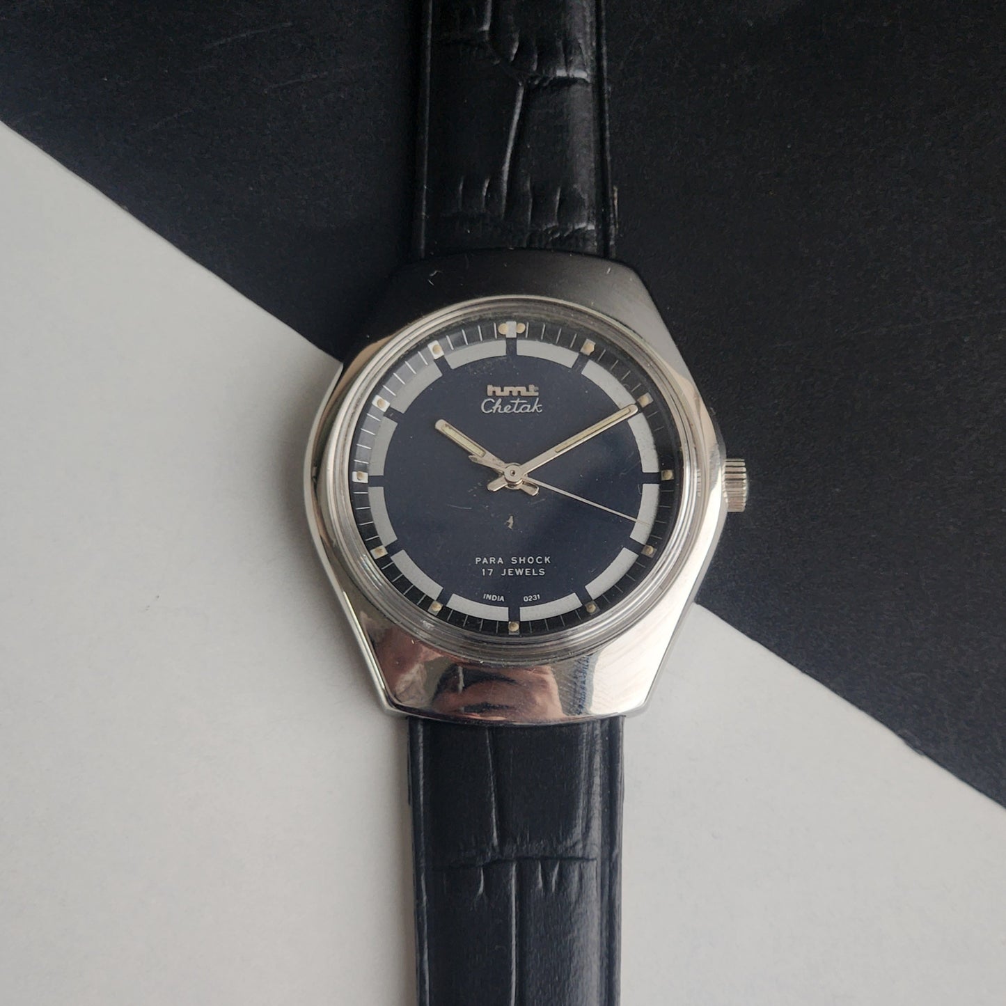 Vintage Original HMT Chetak Hand Winding 17 Jewels Navy Blue Face Black Leather Strap Men's Wrist Watch I23