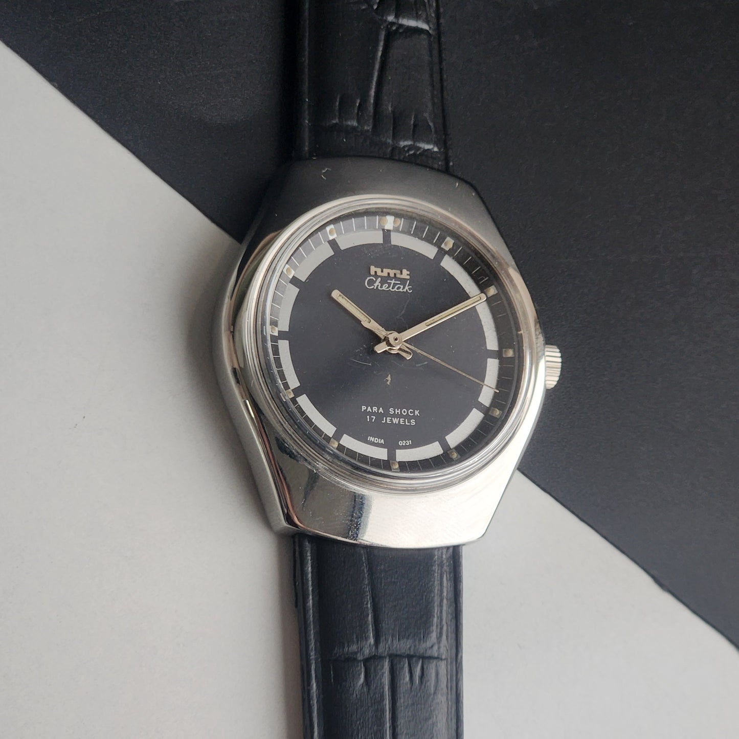 Vintage Original HMT Chetak Hand Winding 17 Jewels Navy Blue Face Black Leather Strap Men's Wrist Watch I23
