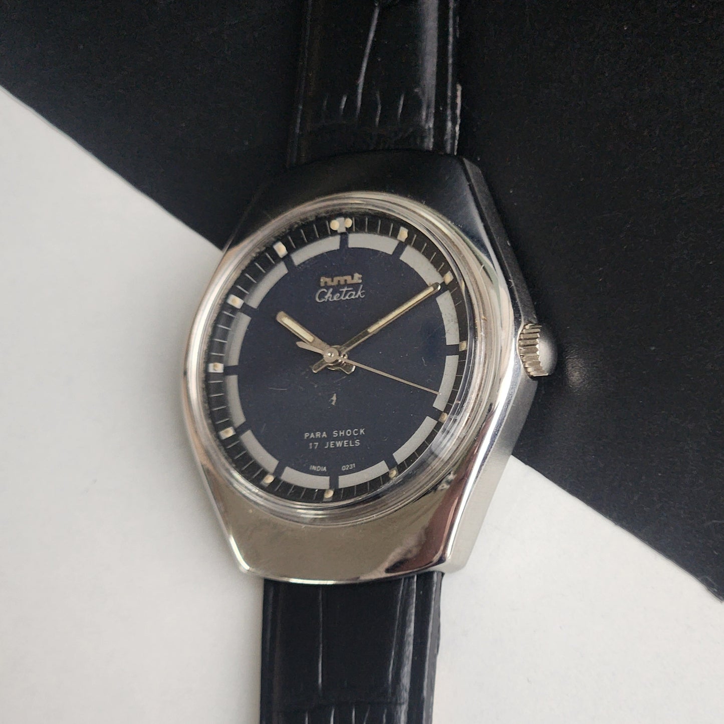 Vintage Original HMT Chetak Hand Winding 17 Jewels Navy Blue Face Black Leather Strap Men's Wrist Watch I23