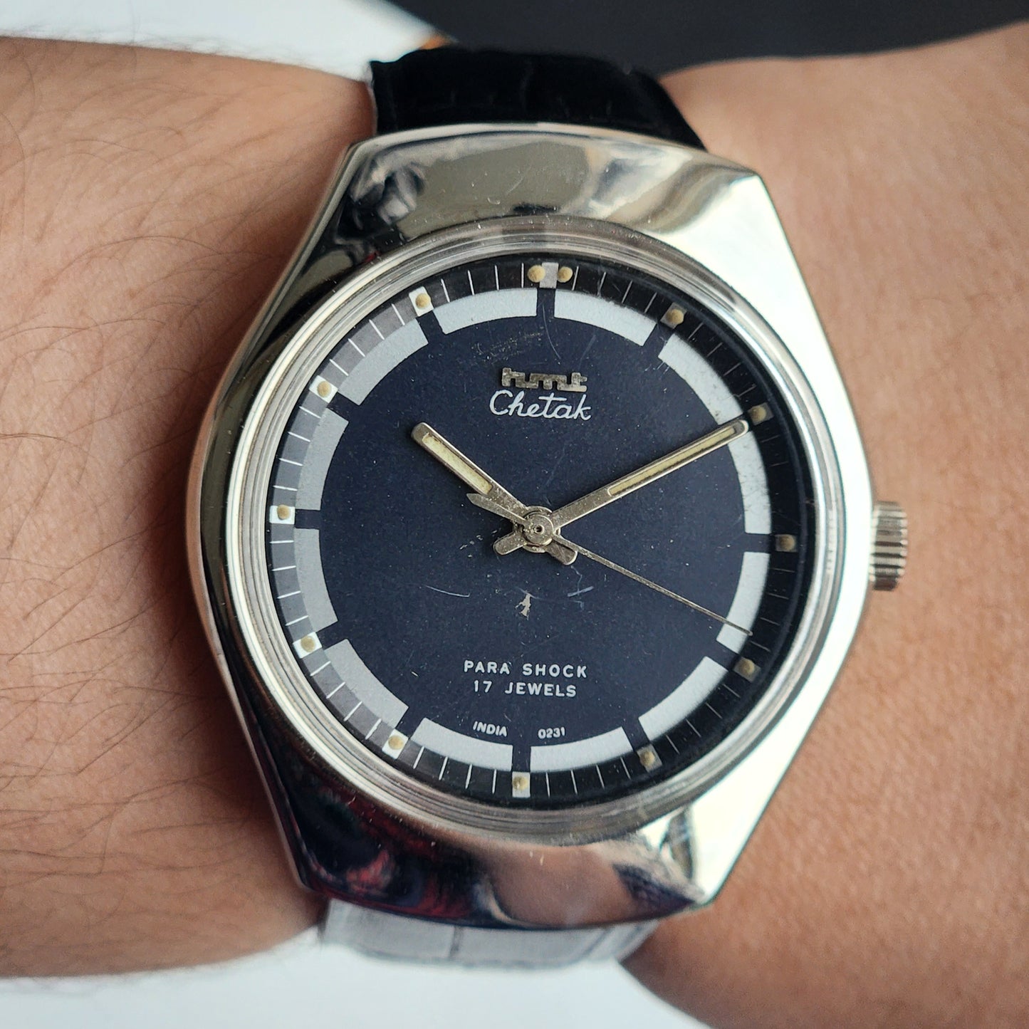Vintage Original HMT Chetak Hand Winding 17 Jewels Navy Blue Face Black Leather Strap Men's Wrist Watch I23