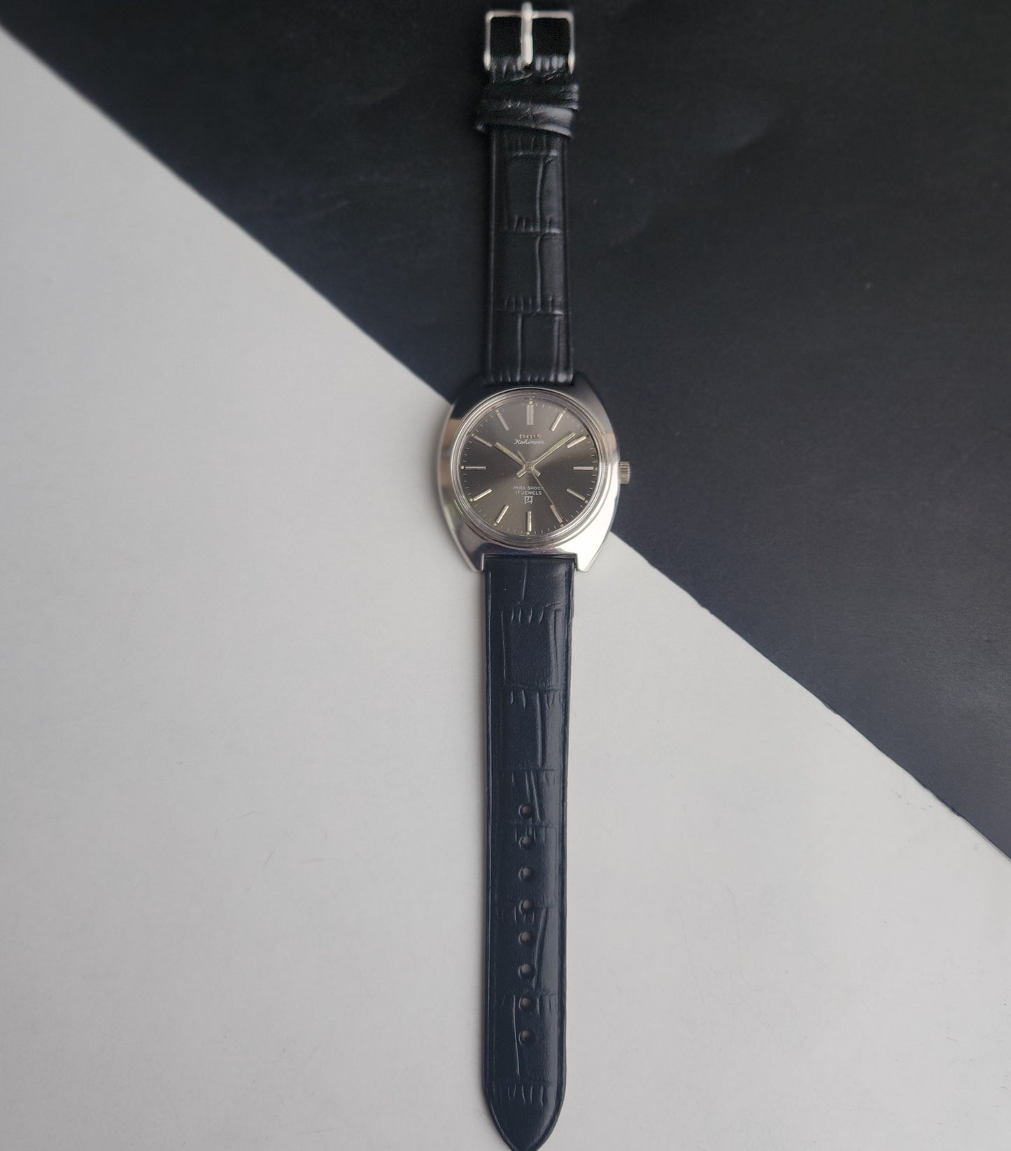 Vintage Original HMT Kohinoor Hand Winding 17 Jewels Grey Face Black Leather Strap Men's Wrist Watch I24