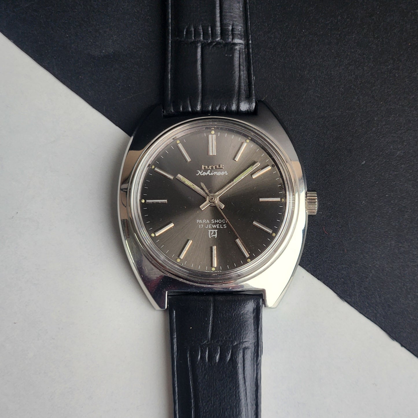 Vintage Original HMT Kohinoor Hand Winding 17 Jewels Grey Face Black Leather Strap Men's Wrist Watch I24
