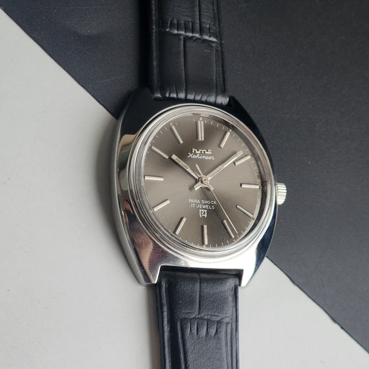 Vintage Original HMT Kohinoor Hand Winding 17 Jewels Grey Face Black Leather Strap Men's Wrist Watch I24