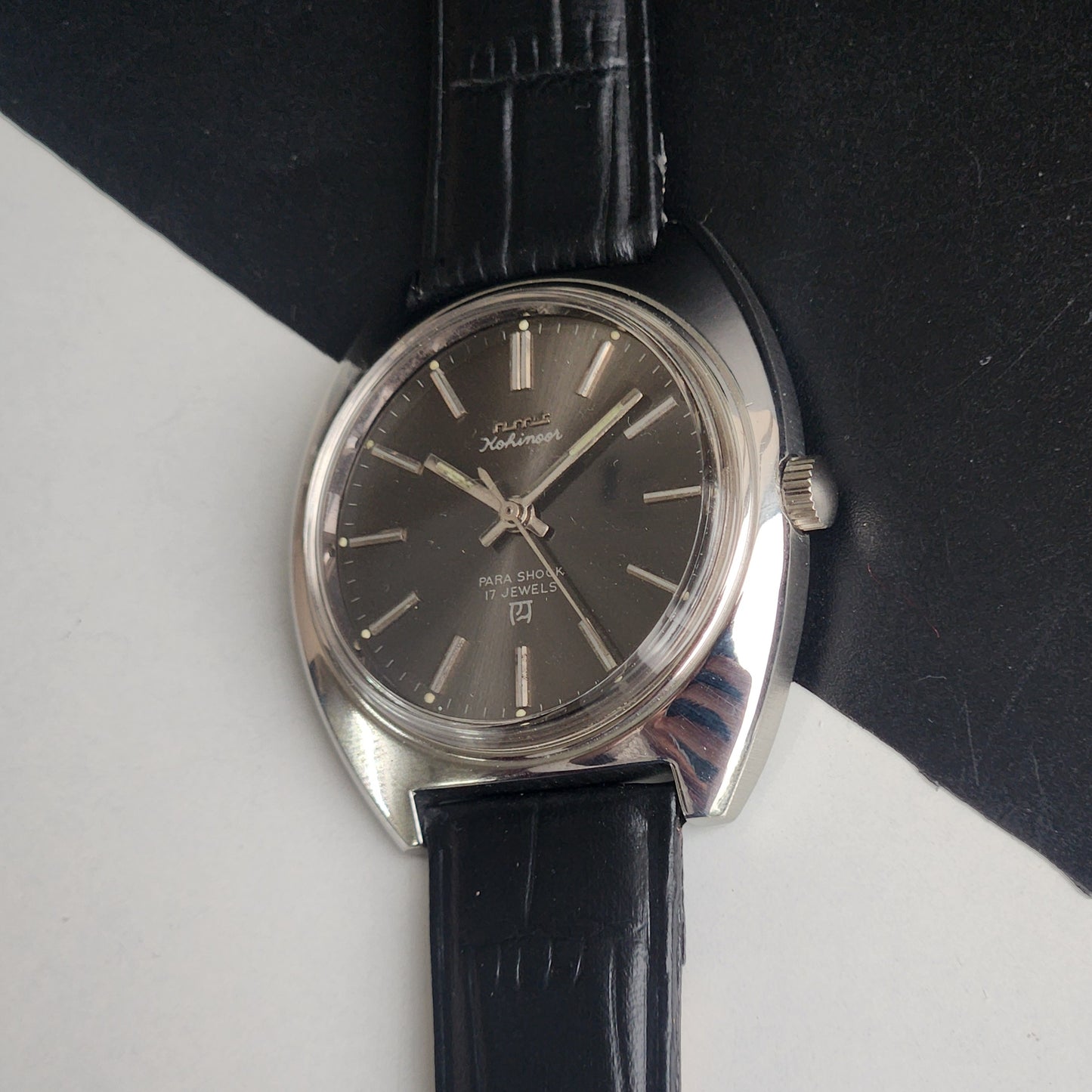 Vintage Original HMT Kohinoor Hand Winding 17 Jewels Grey Face Black Leather Strap Men's Wrist Watch I24
