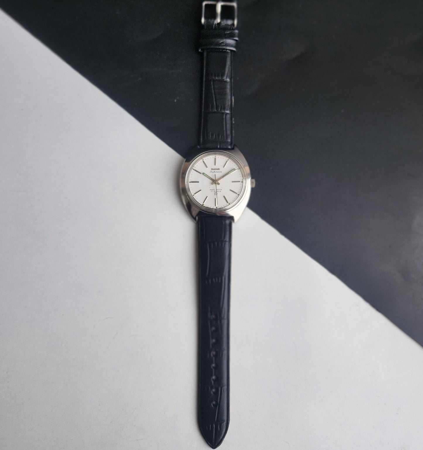 Vintage Original HMT Kohinoor Hand Winding 17 Jewels White Face Black Leather Strap Men's Wrist Watch I26