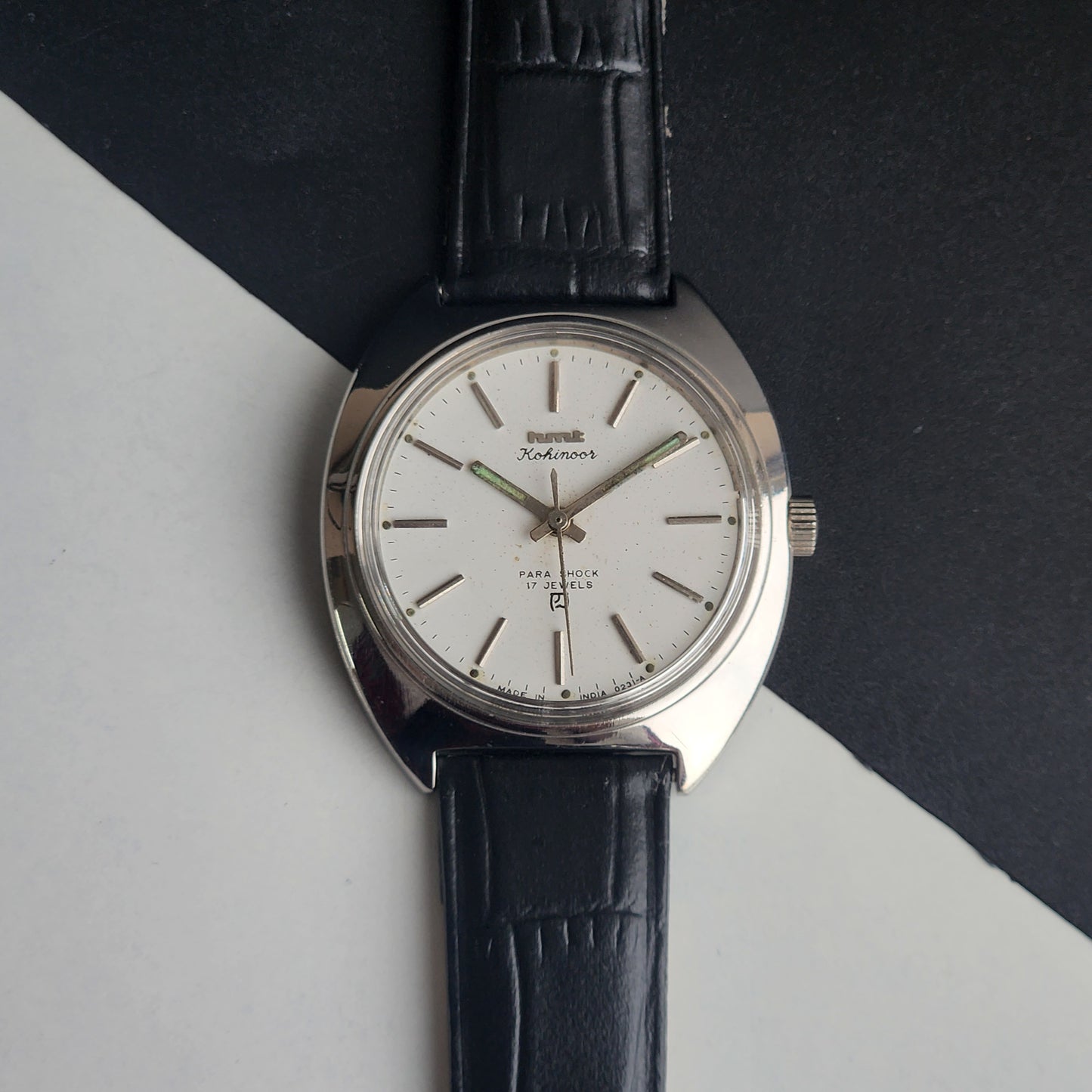 Vintage Original HMT Kohinoor Hand Winding 17 Jewels White Face Black Leather Strap Men's Wrist Watch I26