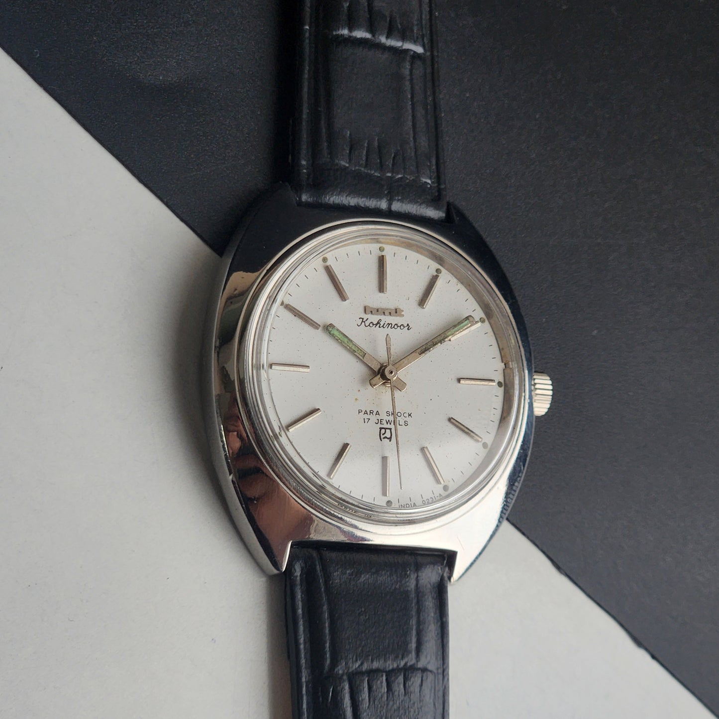 Vintage Original HMT Kohinoor Hand Winding 17 Jewels White Face Black Leather Strap Men's Wrist Watch I26