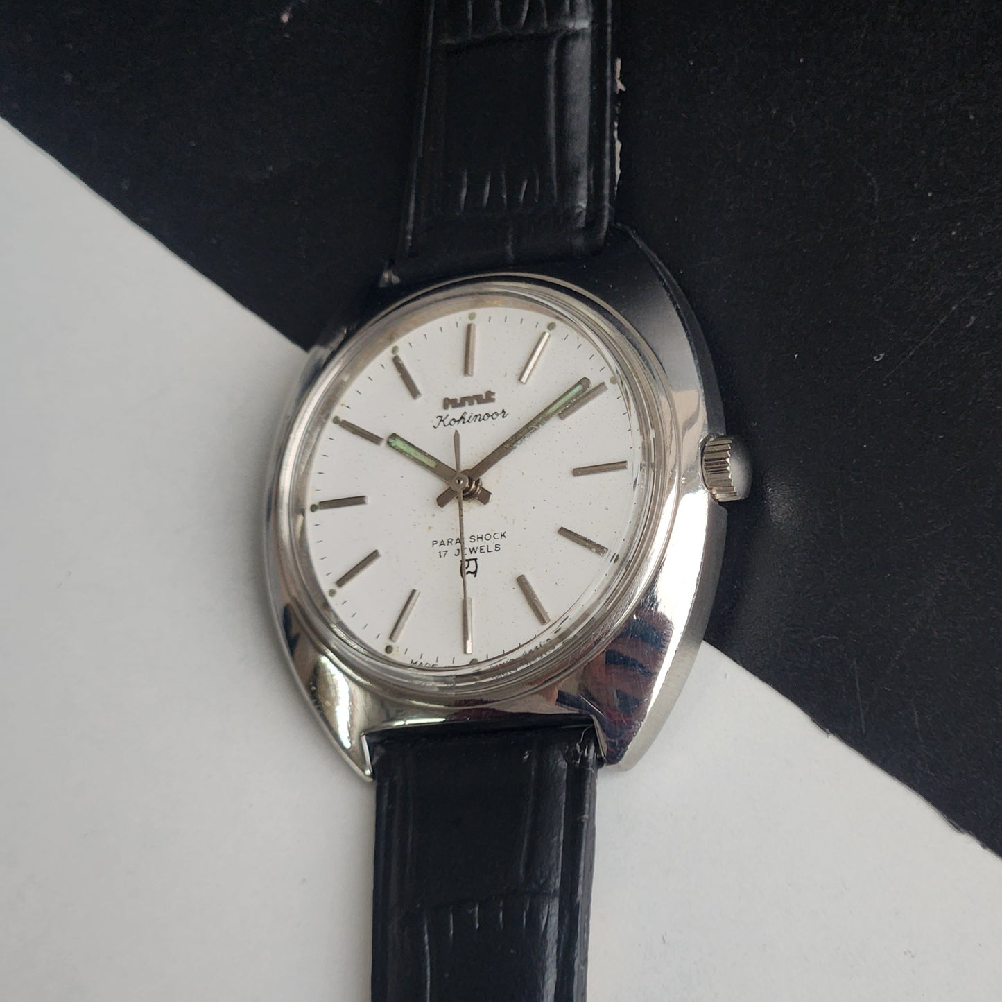 Vintage Original HMT Kohinoor Hand Winding 17 Jewels White Face Black Leather Strap Men's Wrist Watch I26