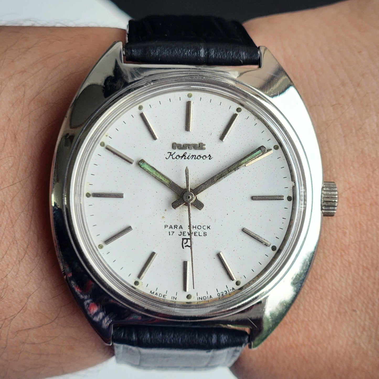 Vintage Original HMT Kohinoor Hand Winding 17 Jewels White Face Black Leather Strap Men's Wrist Watch I26