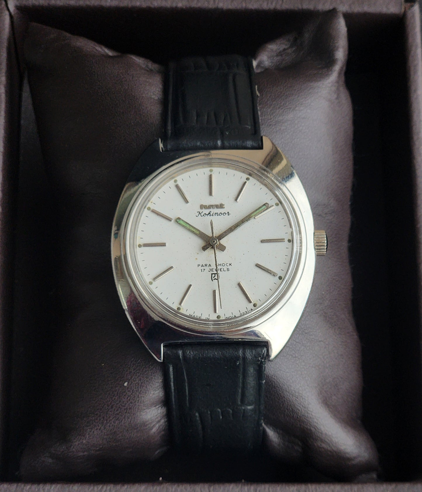 Vintage Original HMT Kohinoor Hand Winding 17 Jewels White Face Black Leather Strap Men's Wrist Watch I26