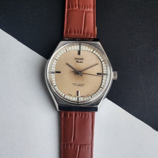 Vintage Original HMT Rohit Hand Winding 17 Jewels Off White Face Tan Leather Strap Men's Wrist Watch I27