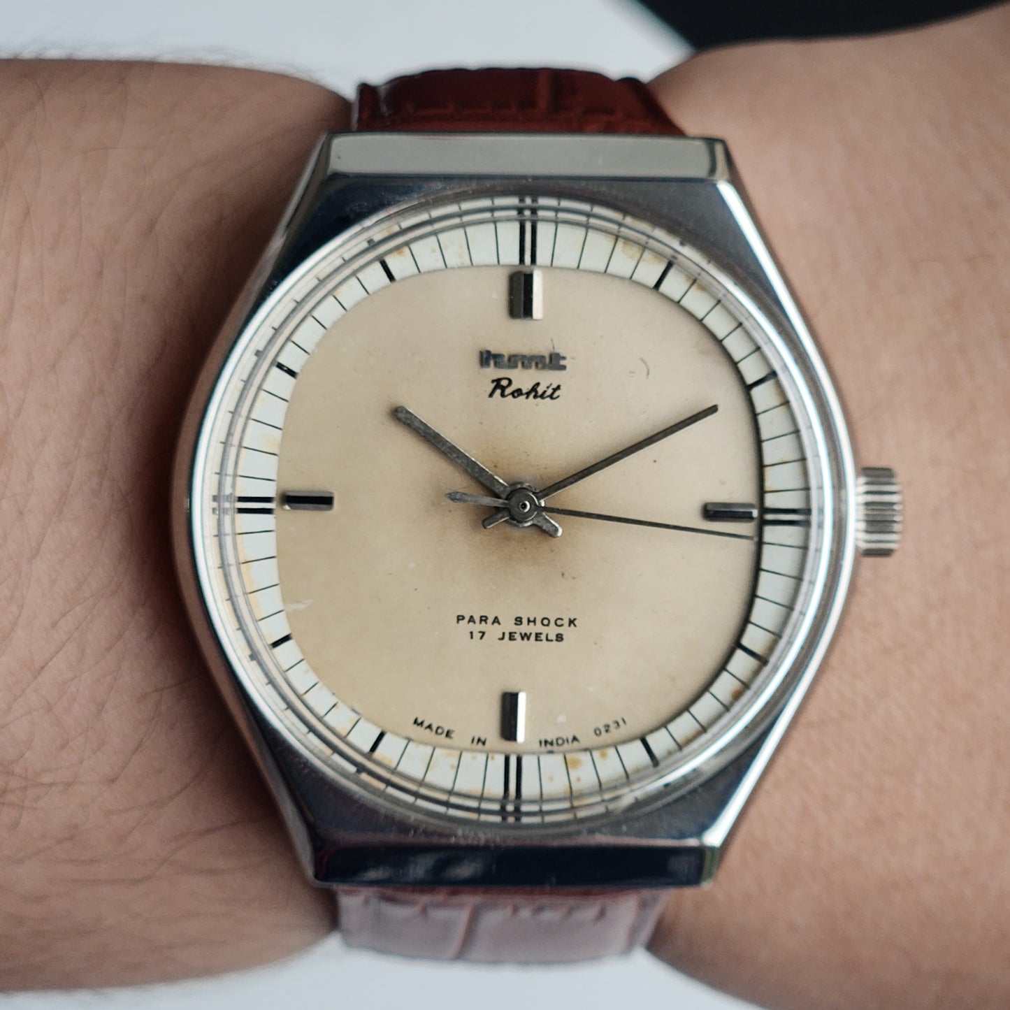 Vintage Original HMT Rohit Hand Winding 17 Jewels Off White Face Tan Leather Strap Men's Wrist Watch I27
