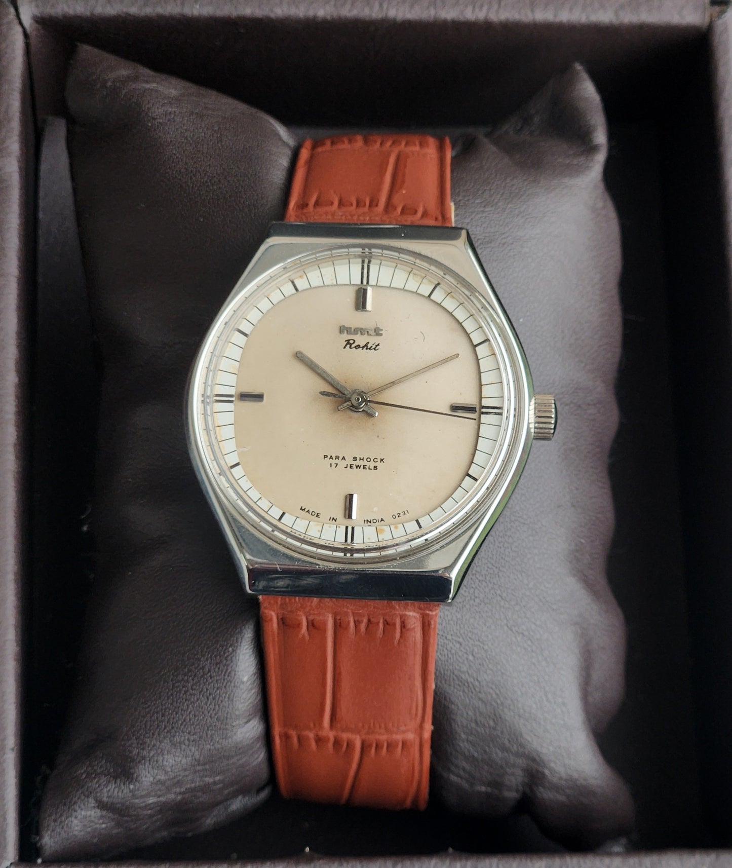 Vintage Original HMT Rohit Hand Winding 17 Jewels Off White Face Tan Leather Strap Men's Wrist Watch I27