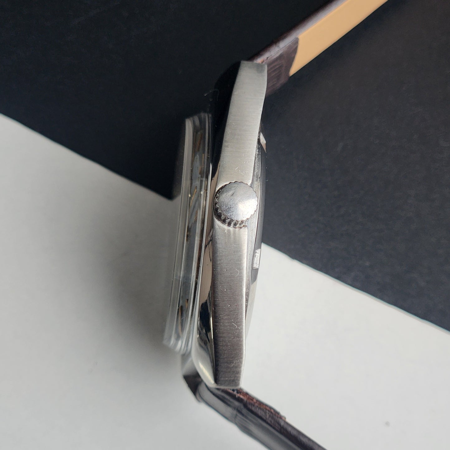 Vintage Original HMT Akarsh Hand Winding 17 Jewels Grey Face Black Leather Strap Men's Wrist Watch I28