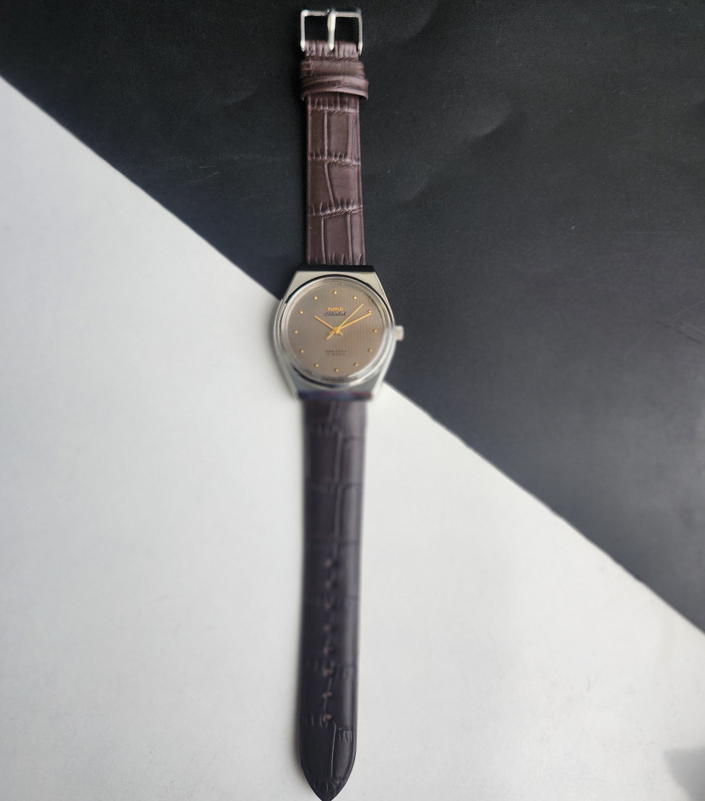 Vintage Original HMT Abhishek Hand Winding 17 Jewels Grey Face Brown Leather Strap Men's Wrist Watch I30