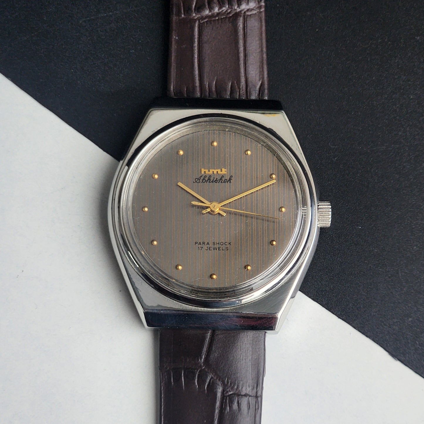 Vintage Original HMT Abhishek Hand Winding 17 Jewels Grey Face Brown Leather Strap Men's Wrist Watch I30