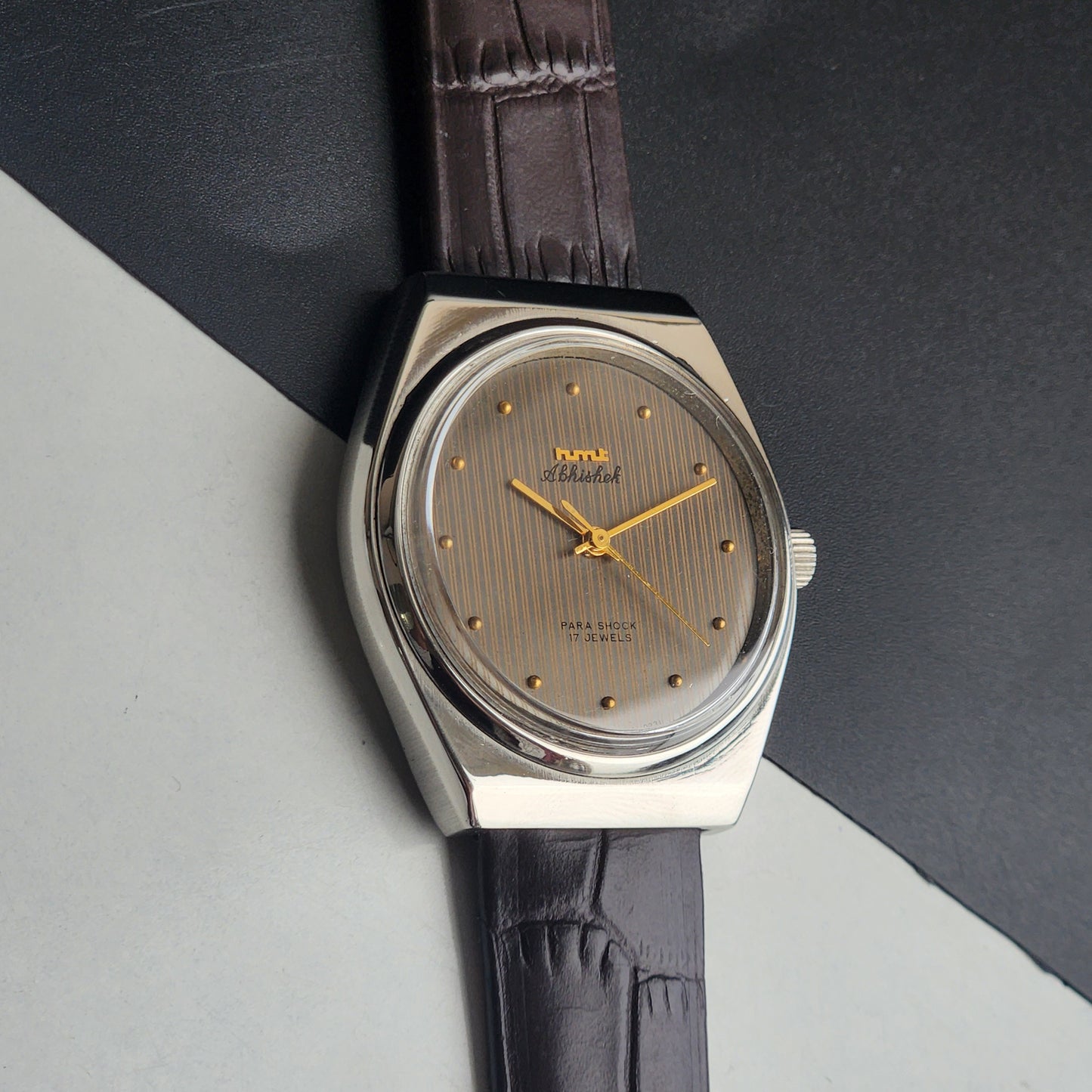 Vintage Original HMT Abhishek Hand Winding 17 Jewels Grey Face Brown Leather Strap Men's Wrist Watch I30