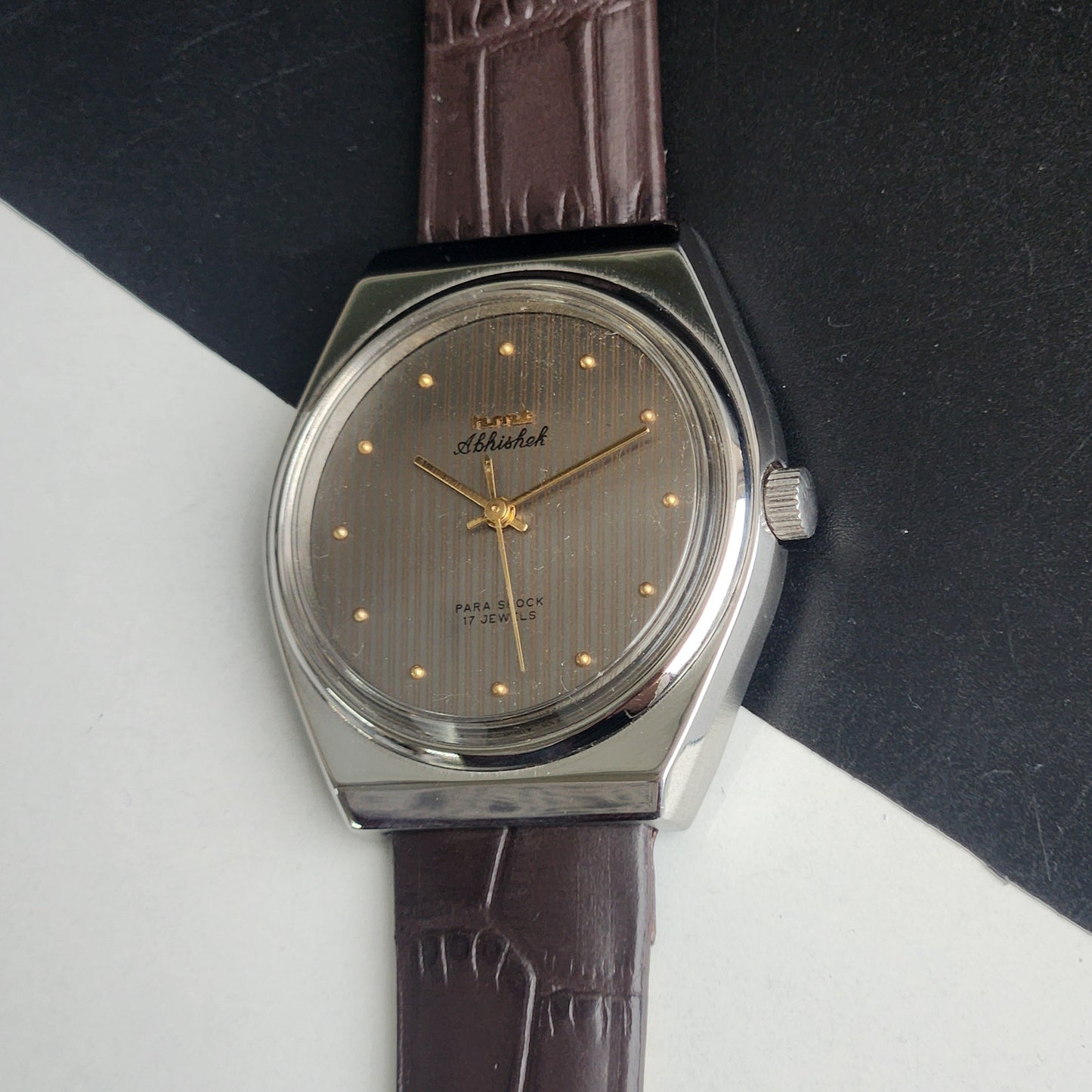Vintage Original HMT Abhishek Hand Winding 17 Jewels Grey Face Brown Leather Strap Men's Wrist Watch I30