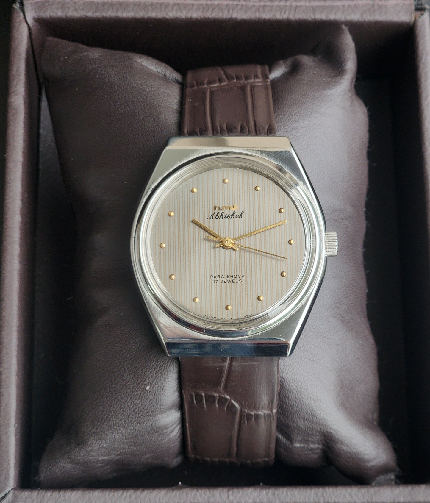 Vintage Original HMT Abhishek Hand Winding 17 Jewels Grey Face Brown Leather Strap Men's Wrist Watch I30
