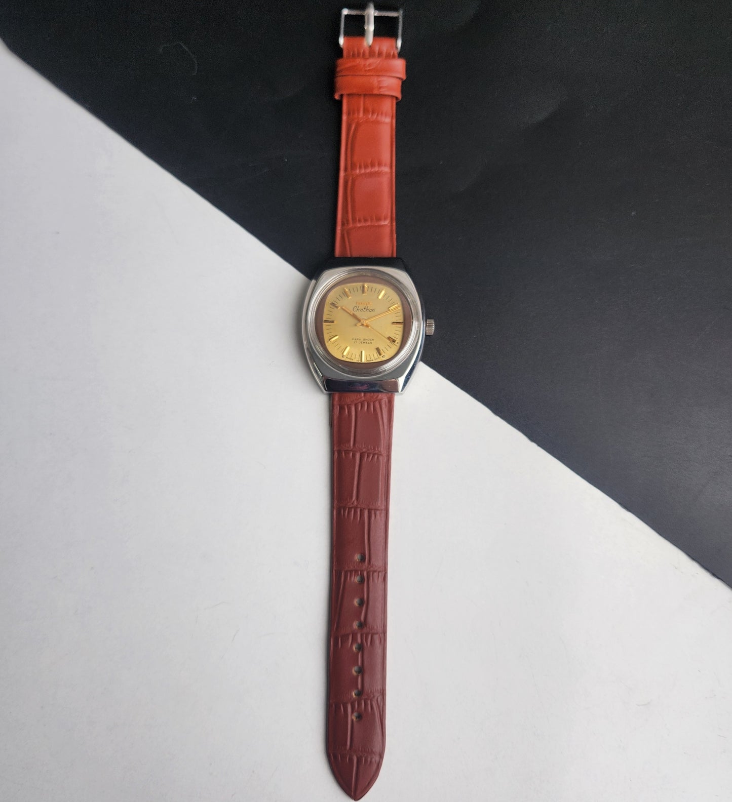 Vintage Original HMT Chethan Hand Winding 17 Jewels Golden Face Tan Leather Strap Men's Wrist Watch I31