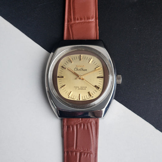 Vintage Original HMT Chethan Hand Winding 17 Jewels Golden Face Tan Leather Strap Men's Wrist Watch I31