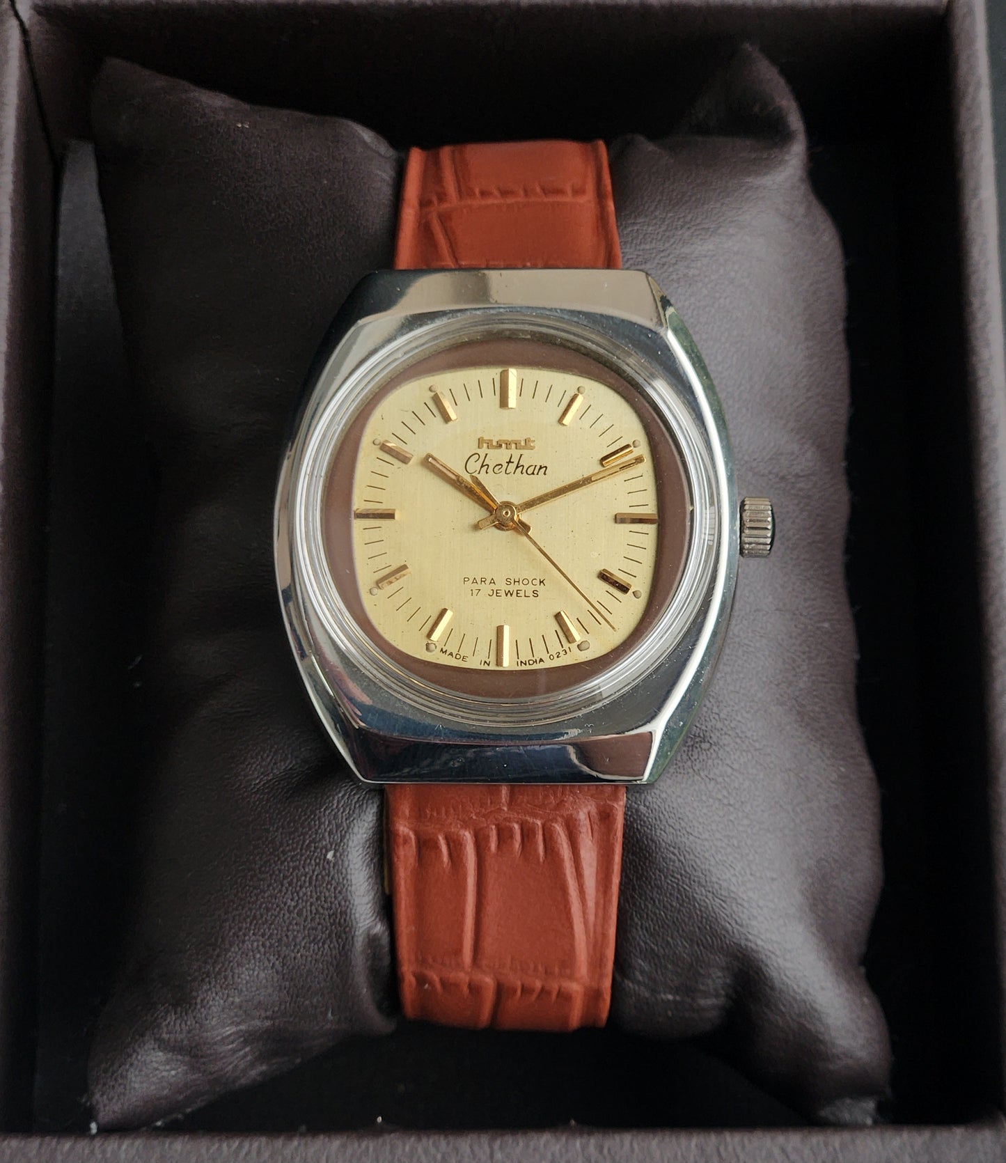 Vintage Original HMT Chethan Hand Winding 17 Jewels Golden Face Tan Leather Strap Men's Wrist Watch I31