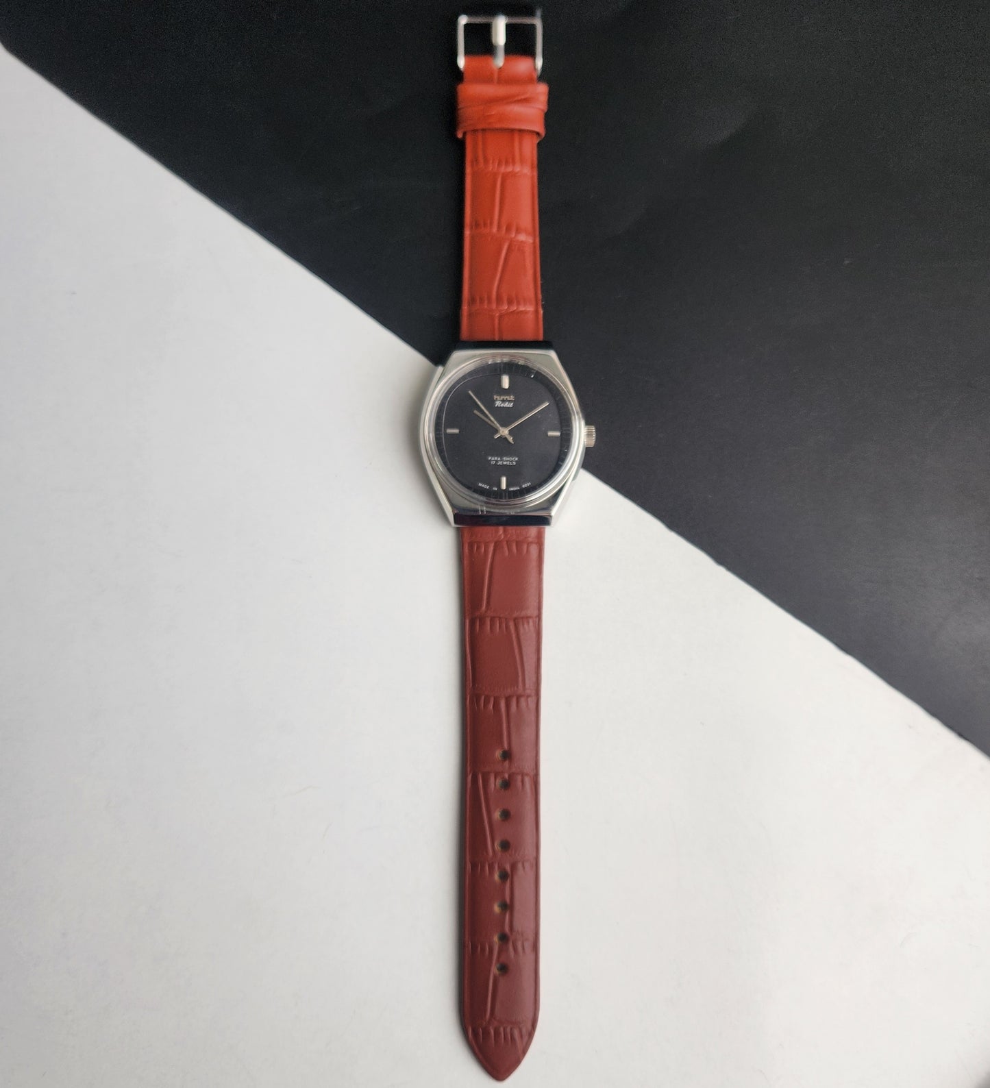 Vintage Original HMT Rohit Hand Winding 17 Jewels Black Face Tan Leather Strap Men's Wrist Watch I33