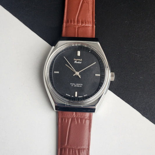 Vintage Original HMT Rohit Hand Winding 17 Jewels Black Face Tan Leather Strap Men's Wrist Watch I33